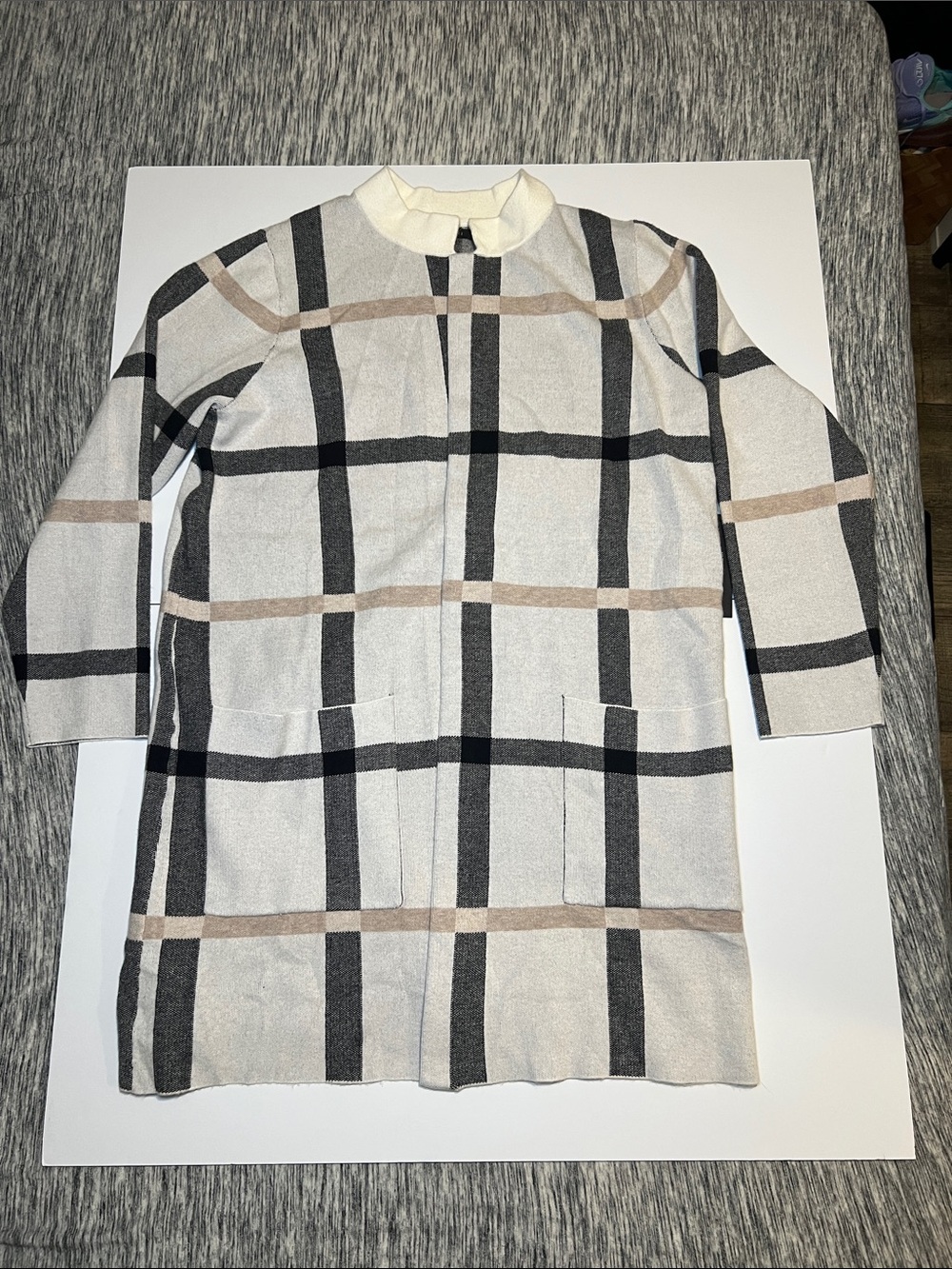Tahari Cream Plaid Open-Front Longline Trench Coat
